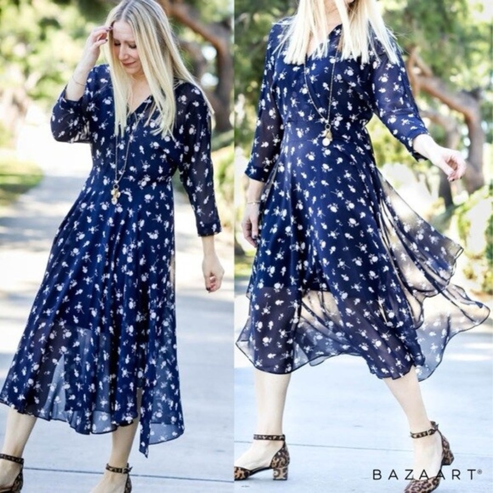 CAbi Navy Maxi V-neck mid Sleeve dress